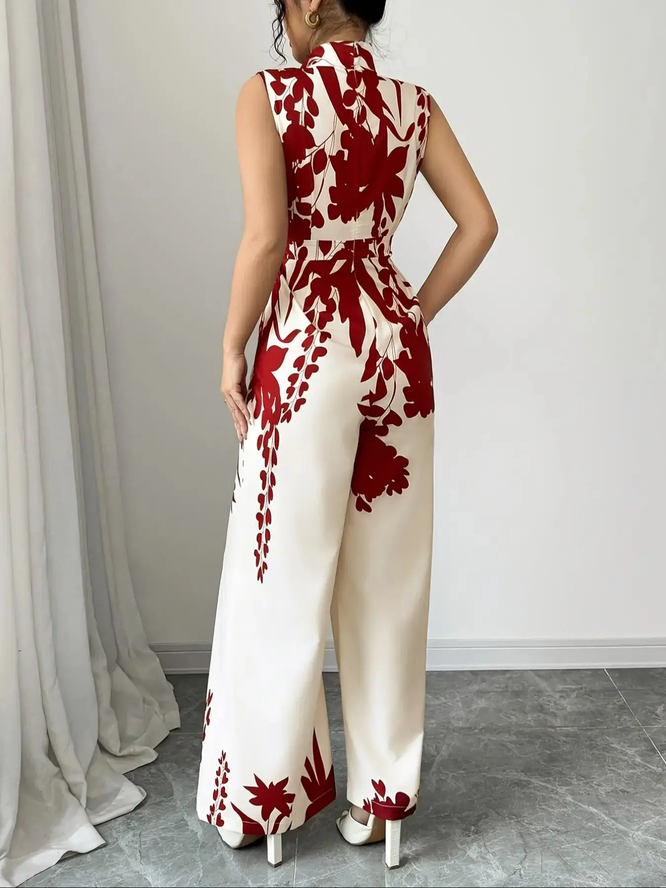 Ladies' Chic Elegant Jumpsuit with Stand-Up Bow Details, Sleeveless Wide-Leg Jumpsuit, Cinched Waist, Chinese Style Floral Printed Design, Spring & Summer Outfits, Suitable for Dating, Commuting, Vacation and Formal Occasions
