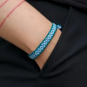 Deep Teal Boho Woven Bracelet, Southwestern Turquoise Slim Bracelet, Dainty Textile Cloth Bracelet, Folk Art, Hippie Bracelet, Handmade