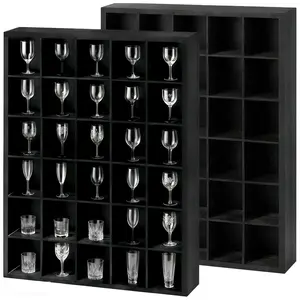2 Pack Shot Glass Display Case - Wall Mounted Black Wooden Shadow Box Cabinet - 30 Slots, Removable Adjustable Shelves for Collectible Shot Glasses, Miniatures, Bar or Home Kitchen Decor, 17"x12"
