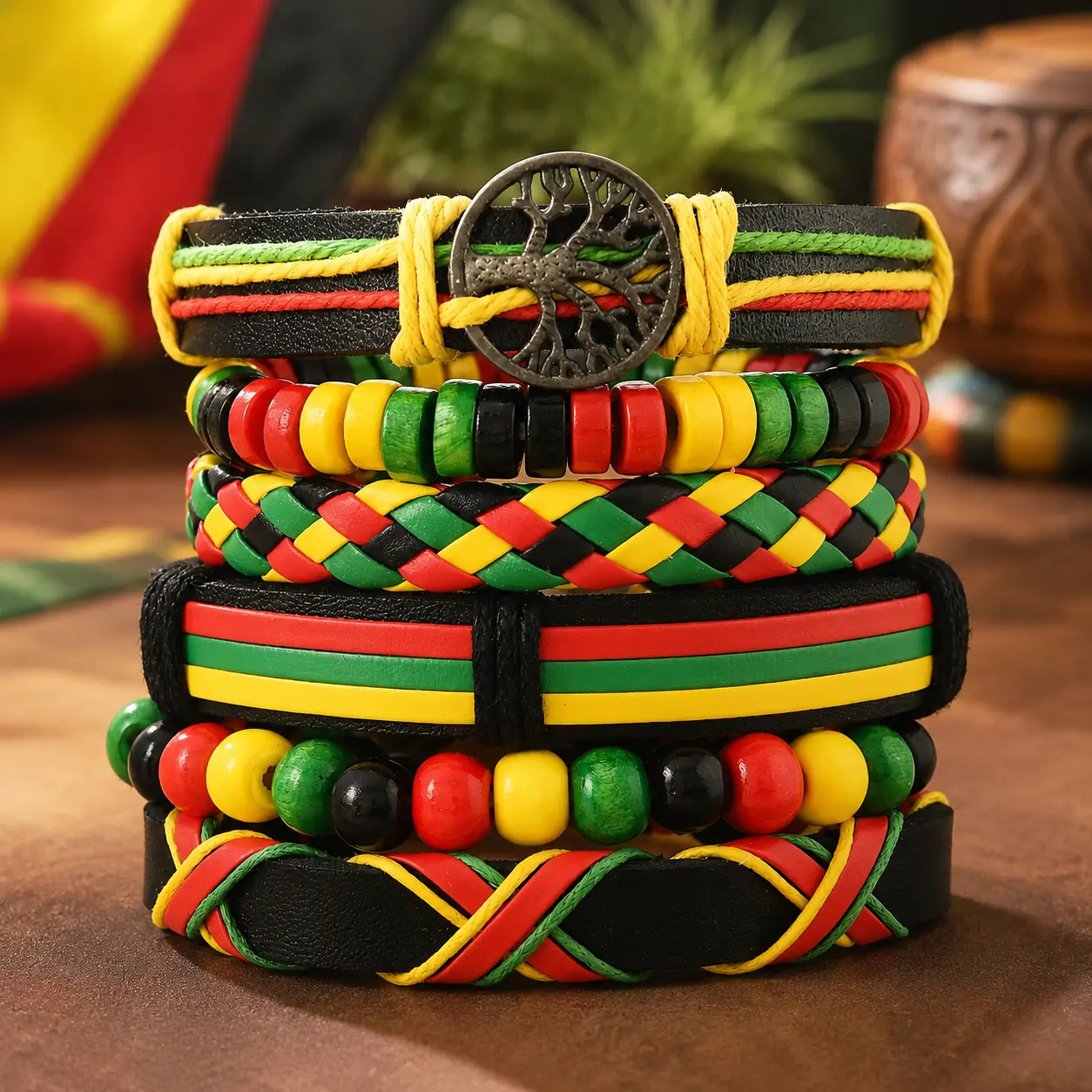 Juneteenth & African Black History Month Fashionable Bracelets Bangles Set - Multi-Layered Faux Leather Ethnic Tribal Braided & Wooden Beaded Strand Celebration Accessories