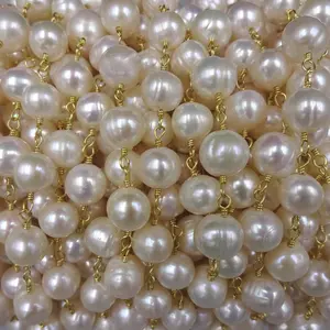 2FT 9-10MM Potato Shaped Cultured Freshwater Pearl Rosary Style Beaded Chain.Wire Wrapping Chain.Non Tarnish Wire in Gold.