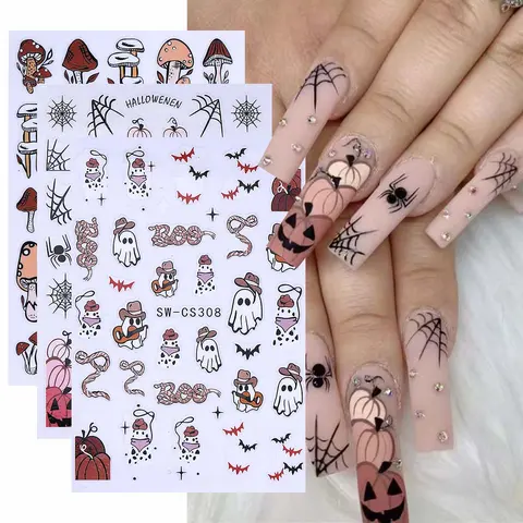 3pcs Cute Halloween Nail Art Stickers, Nail Decals, Sticker Sheet, Ghost Pumpkin Spider Web Bat Mushrooms Designs, DIY Self-Adhesive Matte Finish, Perfect Gift for Women & Girls, Nail Art Supplies, Diy Nails, Nail Decoration