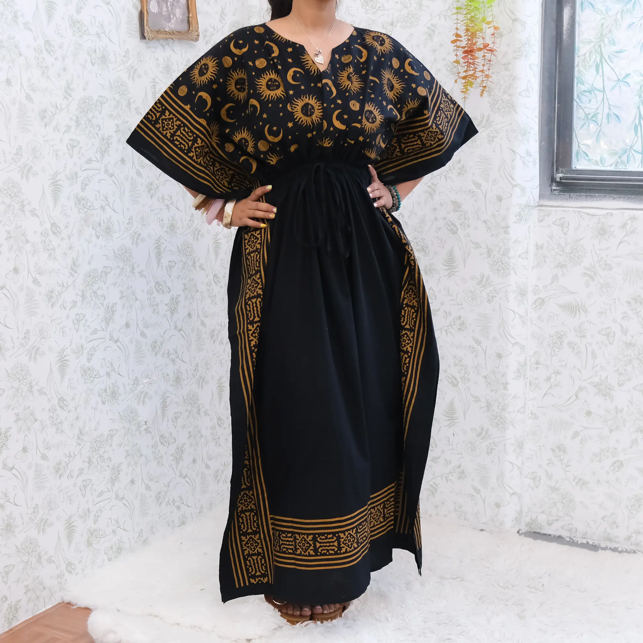 Semi Sheer Boho Celestial Kaftan with Pockets, Cotton Kaftan Dress, Maxi Lounge Wear, Beach Cover Up, Hamsa Hand Sun Moon Light Weight Casual Oversized  Dress