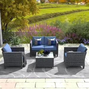 Ovios Vultros 4-Piece Outdoor Patio Sectional Sofa Set with High Back Cushions, All-Weather Wicker Conversation Furniture with Coffee Table for Backyard Patio Porch Deck Garden Balcony Outdoor Seating