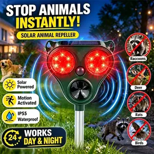 Solar Animal Repeller, Ultrasonic Deterrent with LED Strobe Light, Motion Sensor for Yard Garden Farm, Keep Deer Raccoon Fox Cat Dog Bird Rats Rodent Away