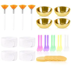 34 Pcs Esthetician Facial Supplies Set: 4 Bowls, 10 Mud Mask Applicators, 4 Cosmetic Brushes, 12 Compressed Sponges, 4 Facial Headbands for Unisex Face Cleansing