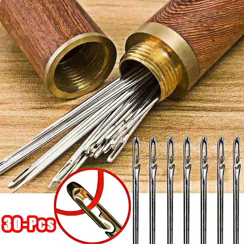 Stainless Steel Blind Sewing Needle Set, 1 Set Including 30pcs Quick Automatic Self-threading Needle & 1 Count Storage Bucket, Stitching Pins, DIY Punch Needle Threader, Sewing Tools, Sewing Supplies