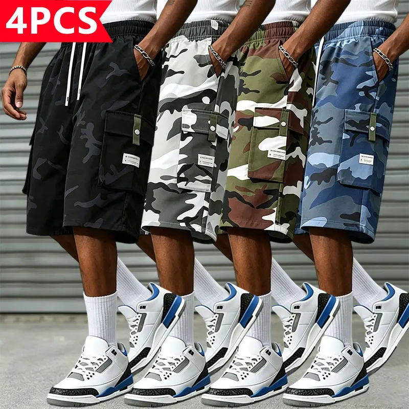 Men's 4-Pack Camouflage Cargo Shorts! Lightweight wrinkle-resistant fabric, large-capacity utility pockets plus a drawstring elastic waistband, loose fit—suitable for everyday wear, travel, and sports; one set covers an entire summer.