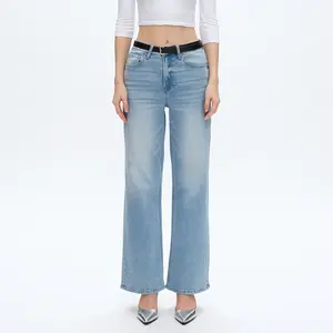 HIGH RISE STRAIGHT LEG JEANS Plain Swiss Blue Denim Fabric Womenswear Bottom Trouser Streetwear Pants Basic Minimalist Casual Everyday Fit Outfit Pocket