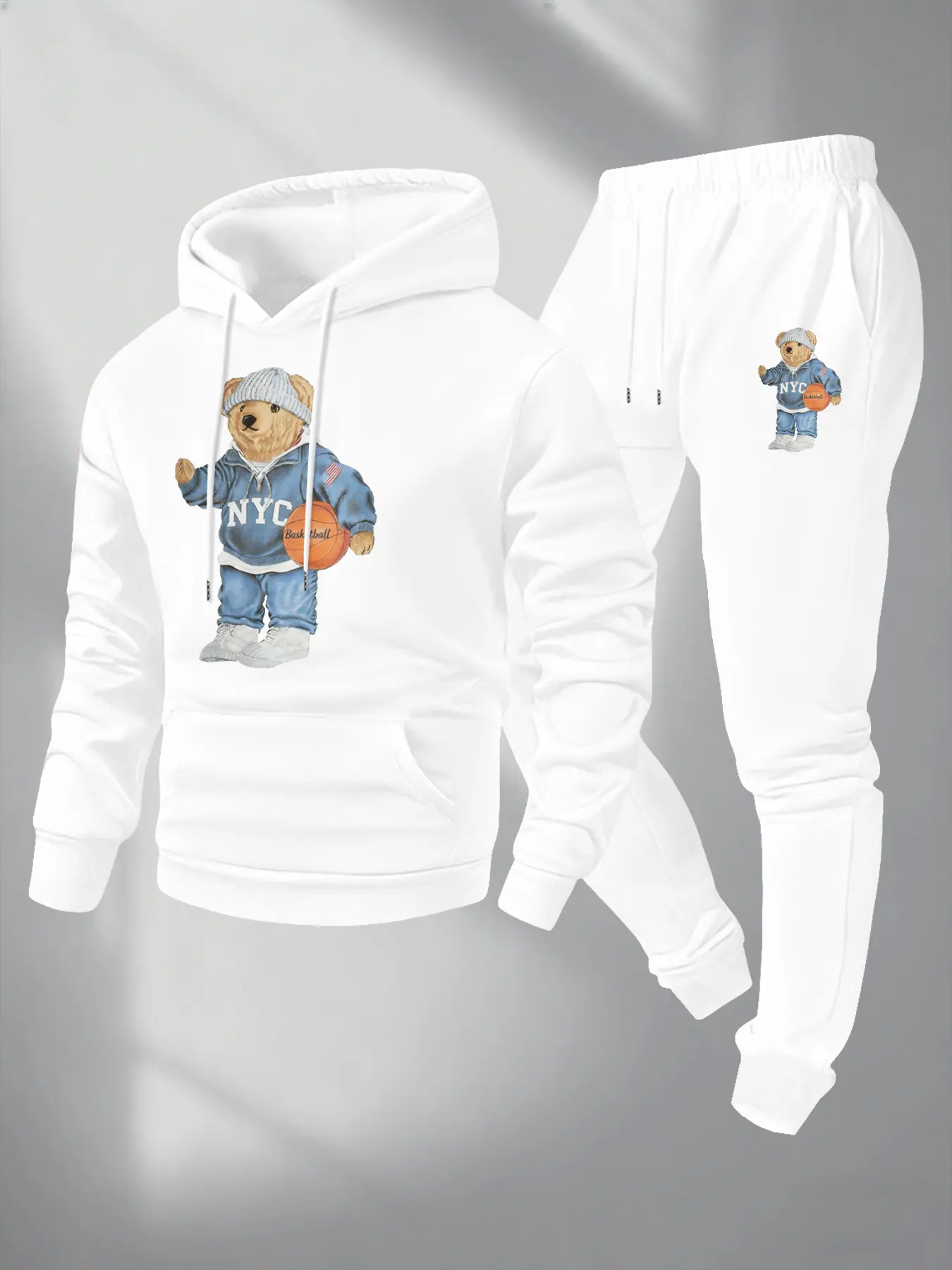 Men's Bear Basketball Hoodie Set, Casual Fitted Long Sleeve Sweatshirt and Sports Pants, Fall & Winter Comfort, Streetwear Tracksuit Set, Athleisure Sweatsuit, Athletic Sportswear, Athleisure Tracksuit Sets