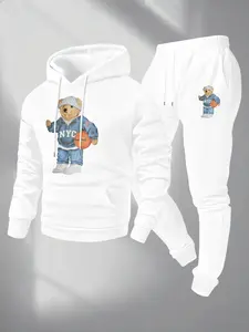 Men's Bear Basketball Print 2-Piece Set, Hooded Sweatshirt Long Sleeves Pockets & Drawstring Pants, Soft Comfortable Loose Fit, Fall Winter Casual Wear