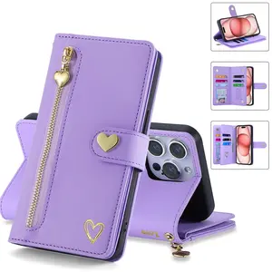 Love zipper leather card wallet box phone case, wrist strap, suitable for iPhone17 16/15 Pro Max/14/13/12/11, flip design, durable protection, can be inserted with a card, anti-theft brush, women's flip, Cover, protective shell
