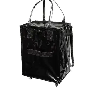 (Medium, Black) Reusable Nylon Fabric Grocery Bag on Wheels, Foldable Rolling Tote Carries, Foldable Reusable Grocery Trolley,Rolling Bag with Handles, Compact Zipper Clouser Rolling Tote Bag with Wheels