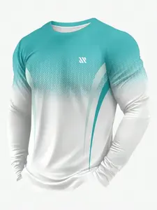 Men's Casual Sporty Round Neck Long Sleeve Top, Athletic Apparel, Gradient Color Design, Breathable Polyester, Fitted, Spring & Fall Wear, Athletic Fashion Activewear