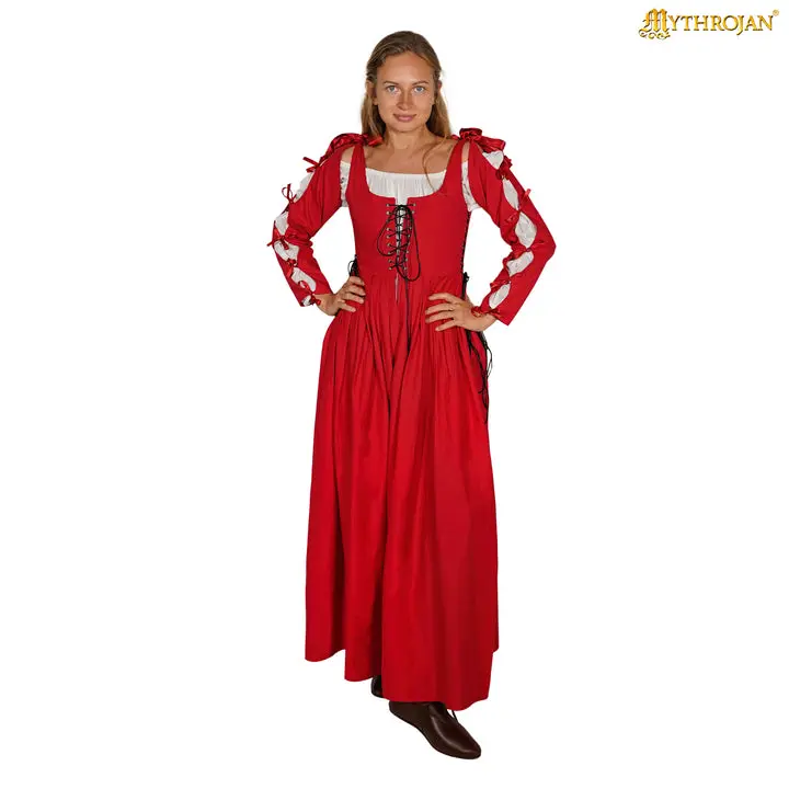 Mythrojan Women's Renaissance Cotton Fabric Dress - Medieval, Body Shaping, Full-Length Adjustable Lace Over Dress for Victorian Vintage Halloween, Red Adjustable Clothes, Machine Wash