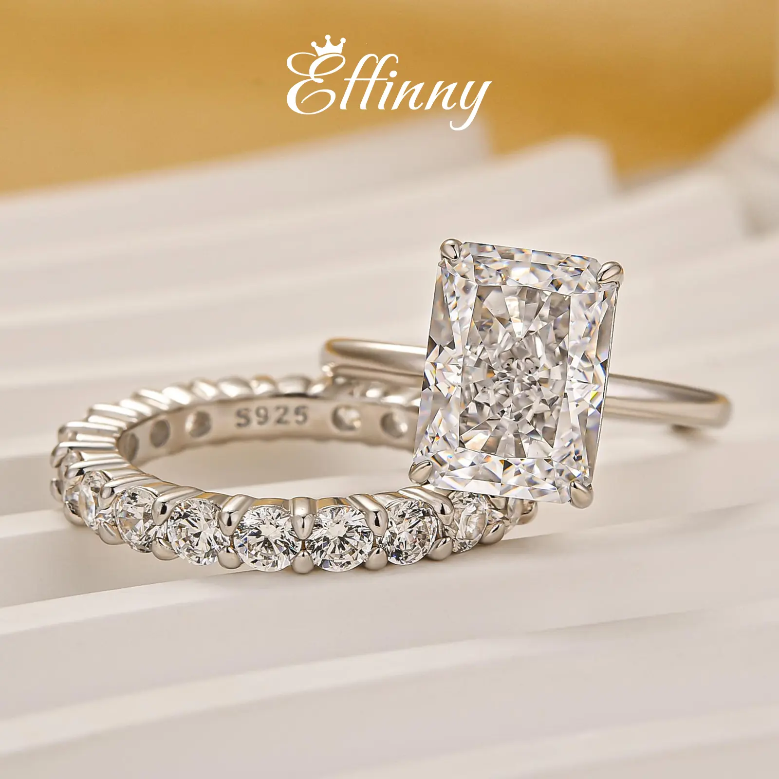 Effinny Jewelry 4.5ct Radiant Brilliant Cut CZ 2PC Wedding Ring Set, 925 Sterling Silver Promise Ring, Women's Ring for Proposal, Wedding, Party,Travel, Artificial Zircon Ring, Bridal Ring Sets