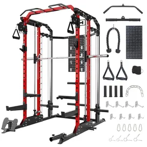 2400 lbs Capacity Comprehensive Power Cage Smith Machine – Multi-Functional Power Rack with Cable Crossover, Lat Pulldown, Dip Bars & Tricep Rope – Complete Home Gym Equipment