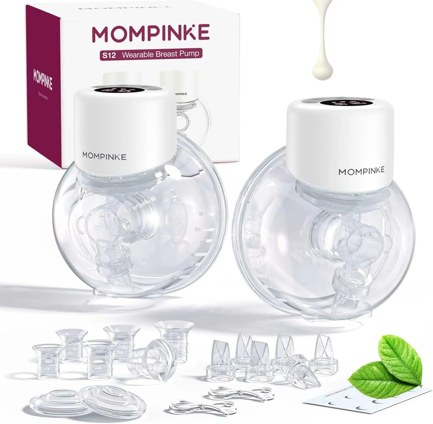 Wearable Breast Pump S12, Hands Free Wearable Breastfeeding Pump with Adjustable Suction, Electric Portable Wireless Breast Pump, 24mm, 2 Pack, White