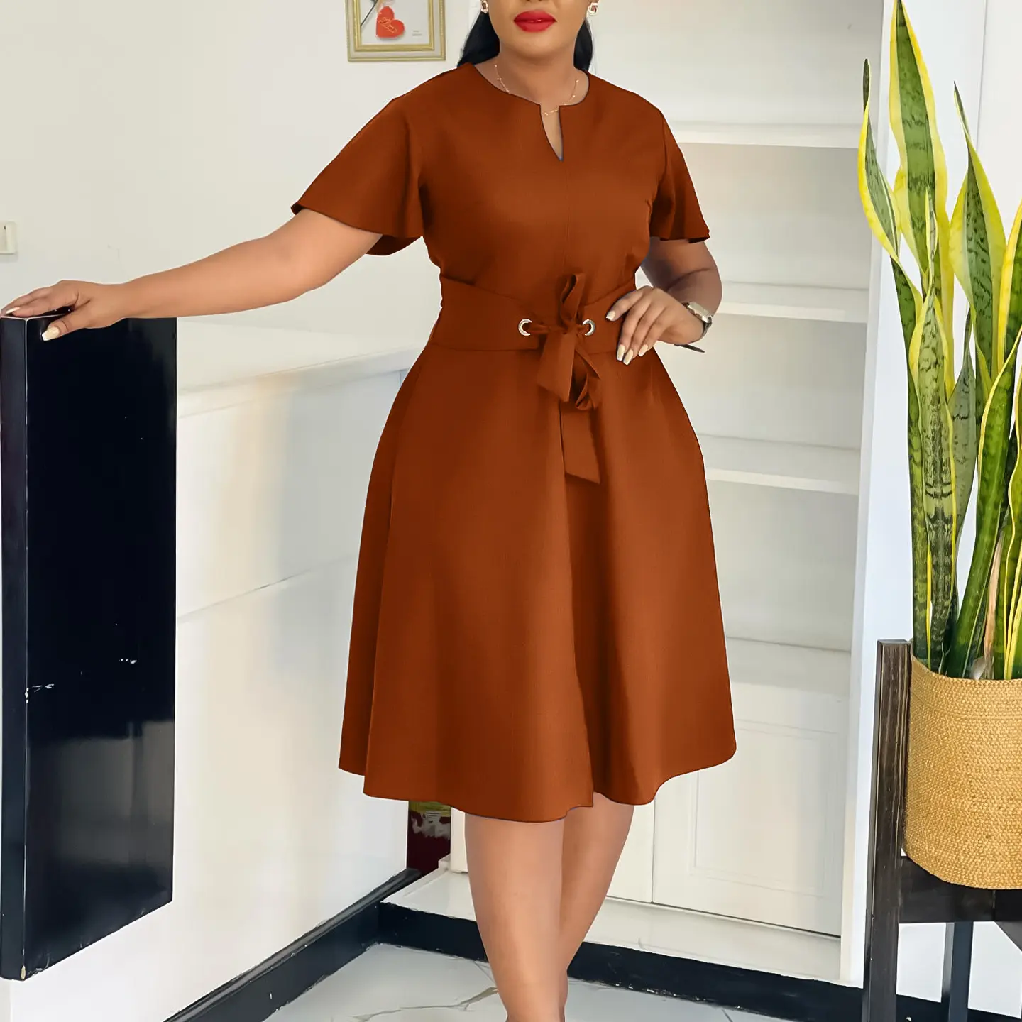 Women's Plus Size Fuchsia D574 Short Sleeve Fit and Flare Dress - Belted Waist, V-Neckline, Tie-Front Flutter Sleeves, Solid Color, Soft Minimalist Basic, Elegant Summer Formal, Workwear & Garden Parties Dress, Women's Fashion