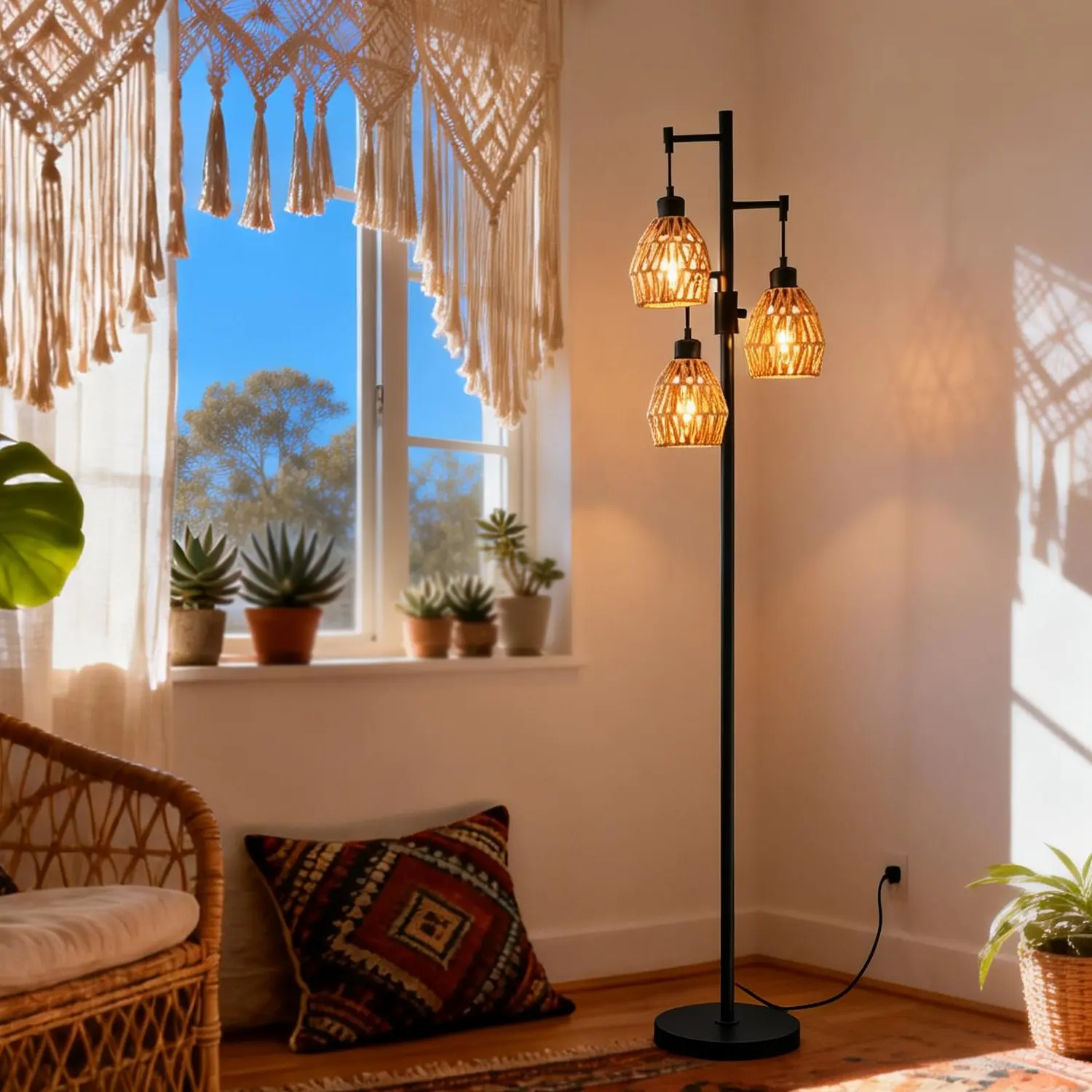 DEMILARE Bohemian Boho Rustic Metal & Rattan Shade Floor Lamp - 70in Tall Adjustable Standing Light, 3×9w 900LM LED Bulbs, Pedal Switch, AC Power Supply, Full Illumination Indoor Lamp for Living Room, House Decor, Book Nook
