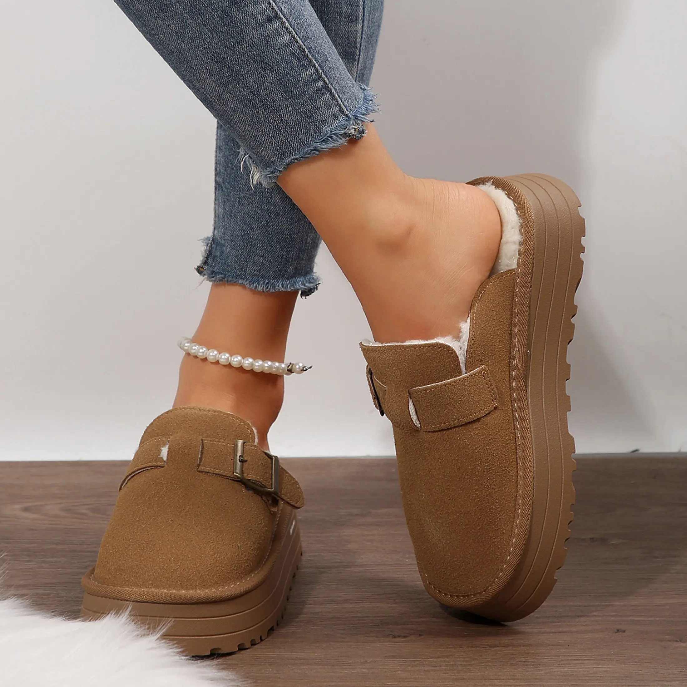 Women’s Winter Warm Mules with Thick Sole Soft Plush Lined Mini Snow Boots Slip On Clogs Indoor Outdoor Shoes for Daily Wear Furboots