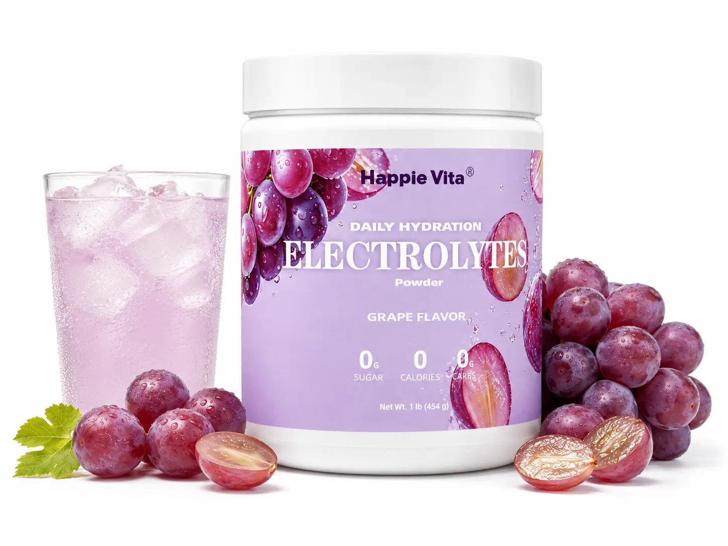 HappieVita Electrolytes Powder, 1lb (69 Servings) – No Sugar, Low Sodium, Grape Flavor – Rapid Hydration Supplement Drink Mix – High Potassium 1,000mg with Natural Coconut Water, Magnesium, & Vitamin C*