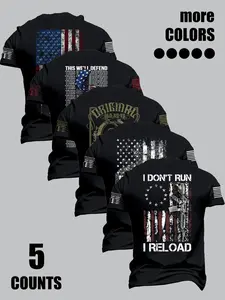 5-piece men's patriotic American flag T-shirt set, Second Amendment graphic T-shirt for veterans, men's military casual streetwear top, Fashion