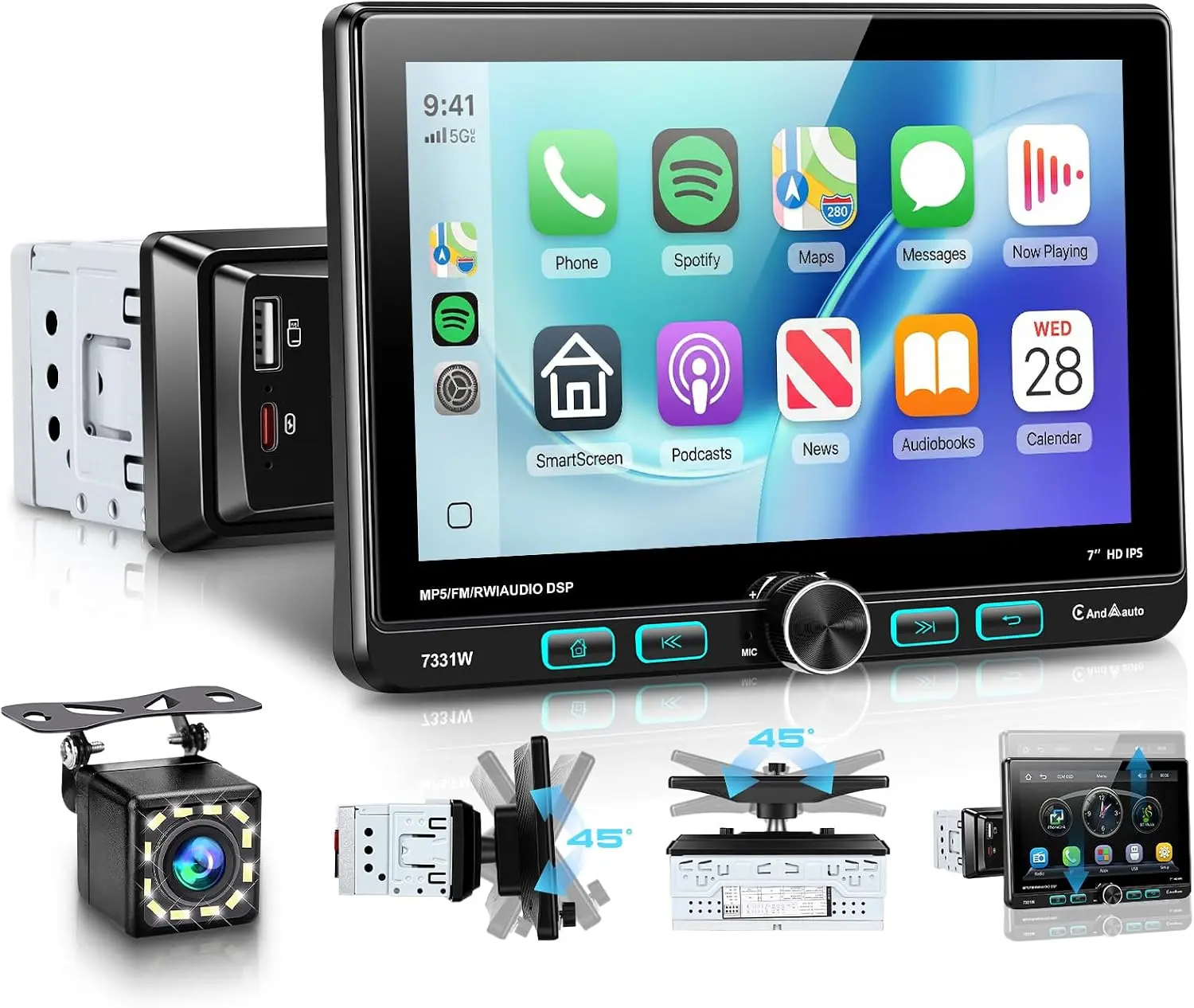 7 Inch Single Din Car Stereo with Wired/Wireless CarPlay Android Auto | Adjustable Swivel IPS Touch Screen Car Radio,Physical Buttons,Mirror Link,AM/FM,Bluetooth 5.2,SWC,Backup Camera&External Mic