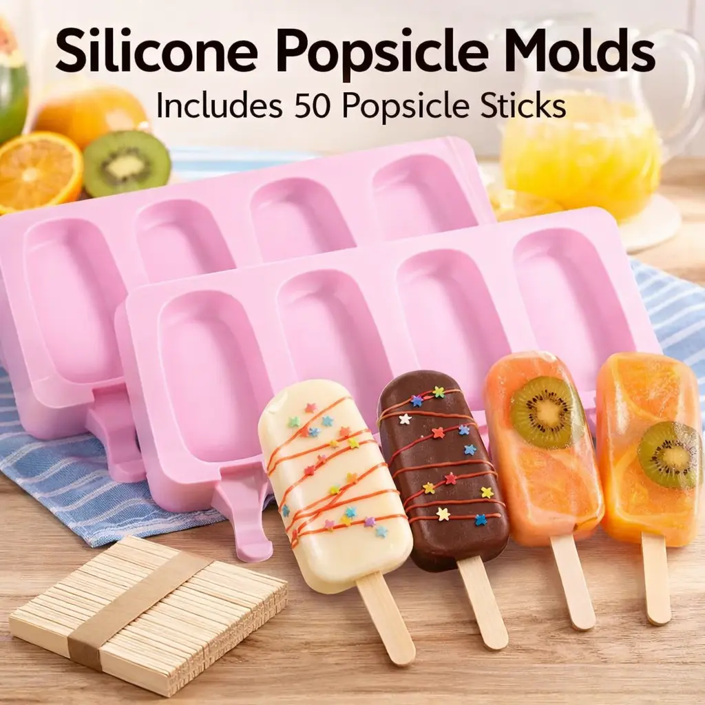 Durable Reusable Silicone Popsicle Molds Kit - Kitchenware Utensils with 2 Molds + 50 Wooden Sticks, Easy Release Homemade Ice Cream/Cakesicles Maker for Summer Adults' Kitchen, Popsicles Molds