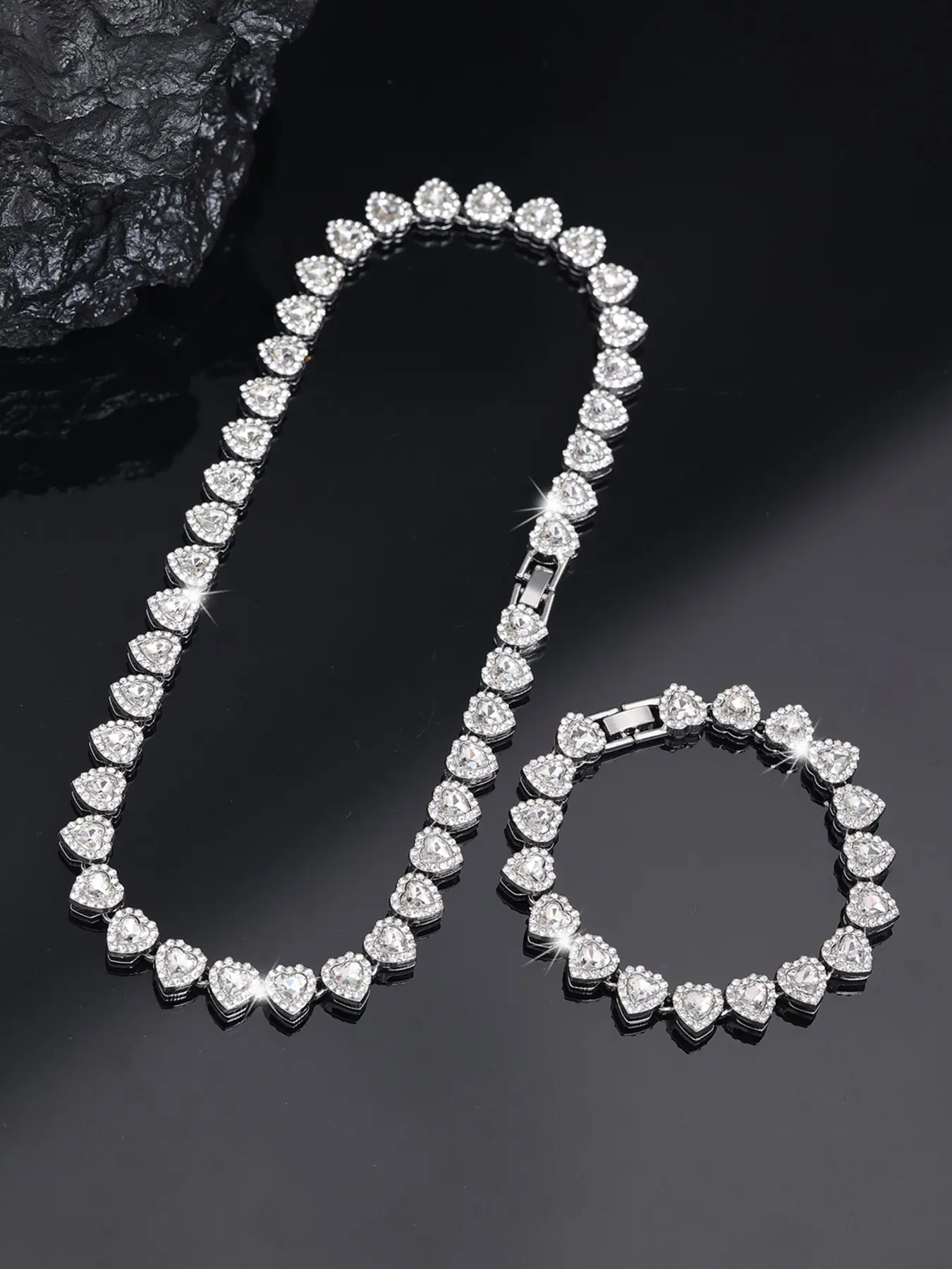 2 Piece Elegant Heart Thick Necklace & Bracelet Matching Jewelry Set, Unisex Hip-Hop Style, Perfect for Dates, Weddings & Daily Wear, Valentine's Day Gifts, Jewellery Gift Set