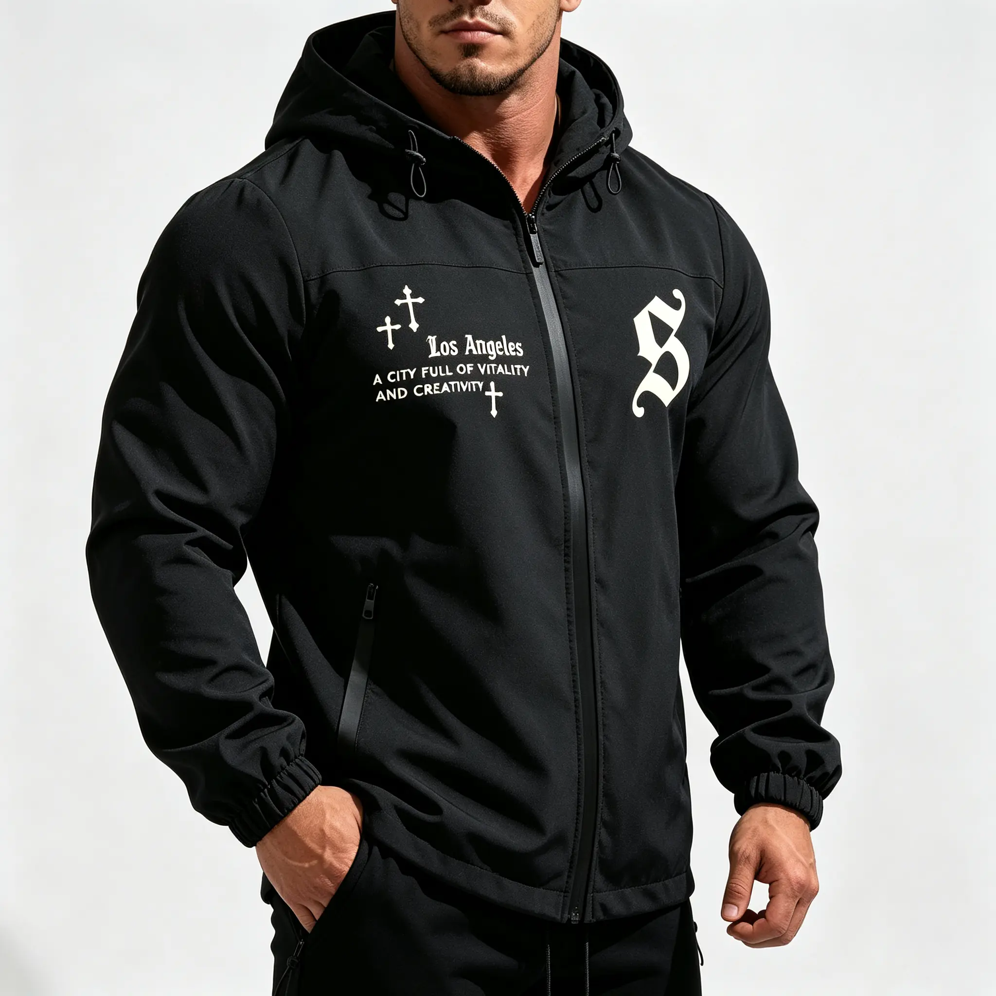 Spring/Autumn Men’s Street Style Hooded Softshell Jacket with Cross Print, Loose Fit, Windproof, Drawstring Hem, Zipper Jacket Elastic Menswear