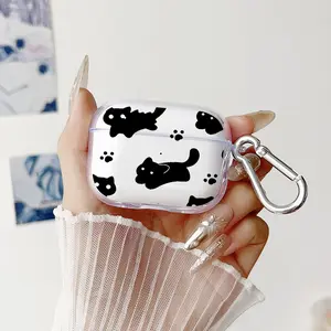 Cat Paw Prints Pattern TPU Soft Protective Case for Apple AirPods 4/3/2/1/Pro/Pro2 Transparent Earphone Cover with Keychain Attachment