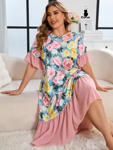 【Plus Size】 Floral Print Nightdress, Casual Soft Comfortable Short Sleeve Nightgown for Women, Women's Sleepwear for All Seasons, Loungewear