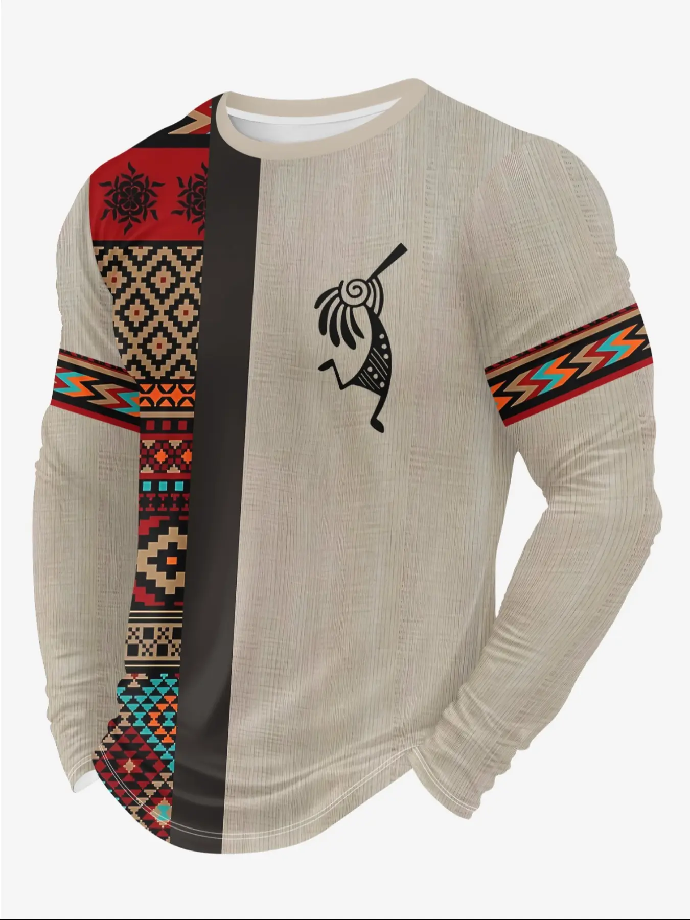 Trendy men's 3D ethnic print long-sleeved T-shirt, versatile crew neck pullover, suitable for outdoor wear.