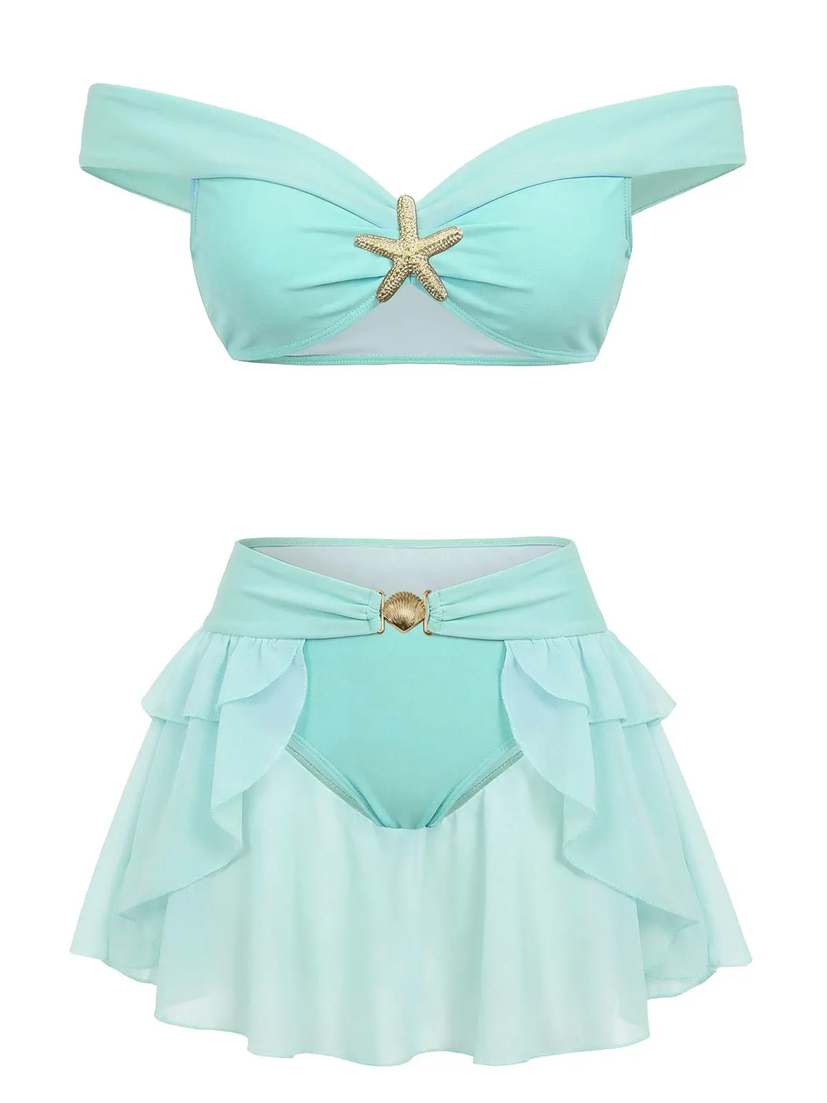 Teal 1970s Jasmine Princess Off-Shoulder Ruffled Bikini Setsummer outfits beach essentials vacation outfits Fashion Beachwear Swimwear Beachwear Swimsuits