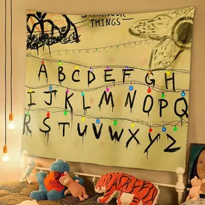 Stranger Things Glow-in-the-Dark Alphabet Wall Tapestry Valentines with Star Lights Vintage Stretch Fabric Backdrop for Photo Booth Themed Parties Includes Damage-Wall Clips Upgrade with Retro Strawberry String Lights Colorful Decor