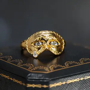 Crainte Mask ring kinetic eyelids that open and close with movement Inset with 3.25mm precision-cut crystals, 3mm Pear cut crystal Adjustable size handmade  gifts  bf