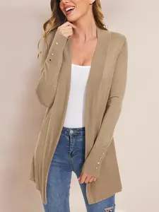 Women's Fitted Plain Button-Decor Long Sleeve Knit Cardigan, Casual Open-Front Womenswear Top for Fall & Winter Fashion, Daily Wear Sweaters for Women