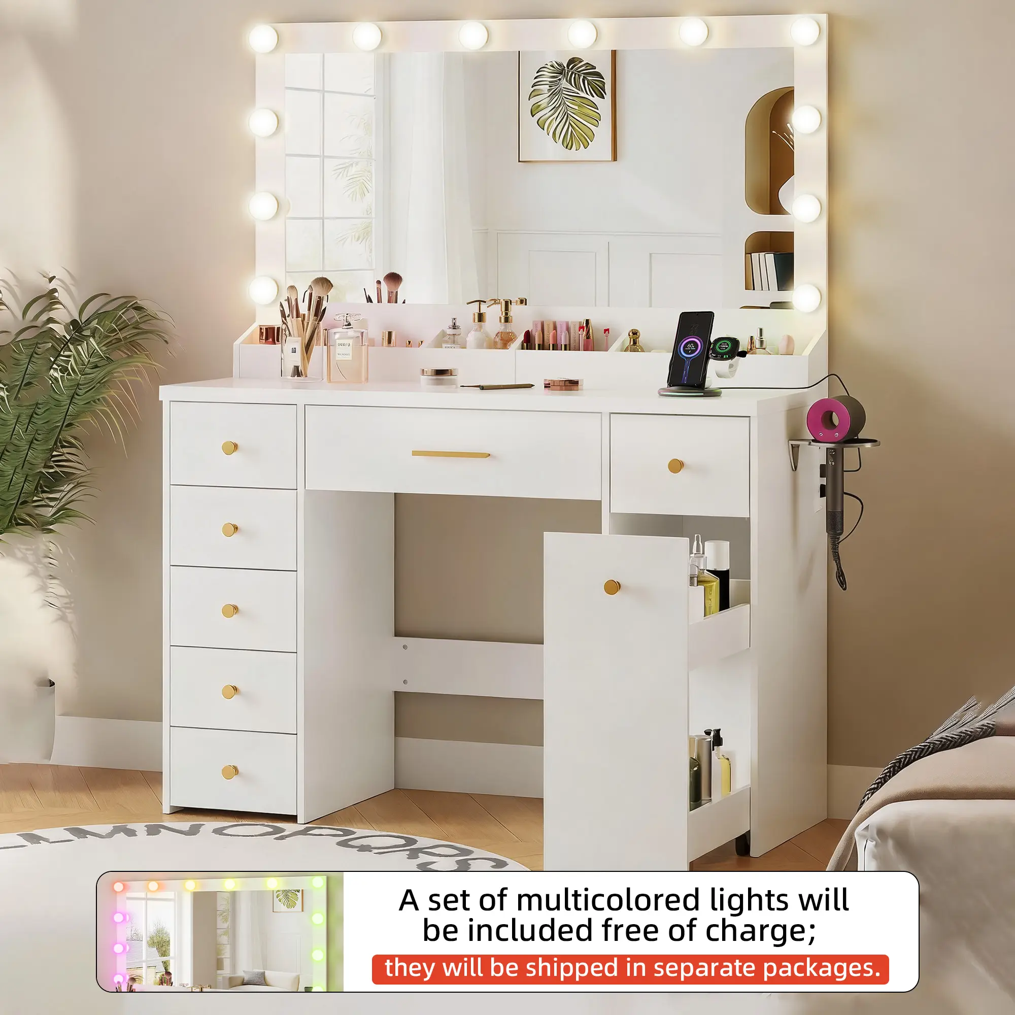 LAKEMID Vanity with Extra-Large Mirror, Illuminated Mirror, 12-Light LED Panel with Three Color Settings, Plus a Complimentary Multi-Color Light Set, 7-Drawer Vanity, Featuring a Pull-Out Double-Tier Storage Cabinet, Women's Vanity (White)