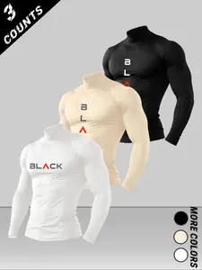 Men's High Neck Long Sleeve Slim Fit Graphic Thermal Top Set, Casual Plain Knit Fabric, Summer Wear, Warm & Comfortable Design