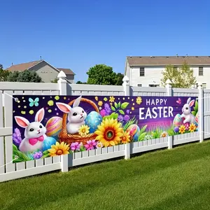 Happy Easter Banner - Colorful Bunny, Carrot & Egg Design, Polyester, 71x24inch - Perfect for Family Garden Celebrations, Holiday Decor, Photo Booths & Party Supplies