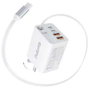 50W Portable Charger, 5-In-1 Foldable Wall Plug, 4-Port  Fast Phone Charging With Retractable Cable Travel Essential Charger Block Multiport, for iPhone 17/16/15/14, Galaxy Lg Moto Tablets White Smartphone Chargeable Cellphone Electronic