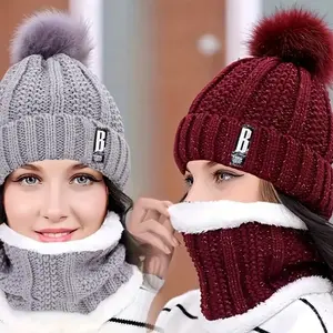 Women Hat and Scarf Set Winter Plus Velvet Warm Thick Leisure Beanies Hat and Scarf