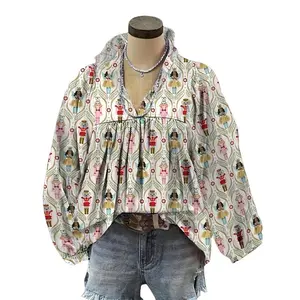 Women's Vintage Christmas Nutcracker Print V-Neck Blouse with Lantern Sleeves Festive Holiday Top in White Red Green & Black A-Line Cut Polyester for Autumn Winter Casual Wear