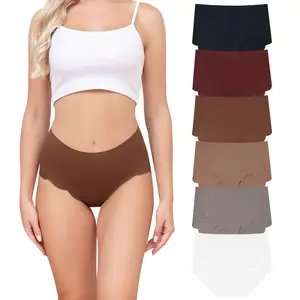 LEVAO Women's High Waisted Seamless Underwear - No Show Ice Silk Bikini, Full Coverage Wave Edge Panties 6 Pack