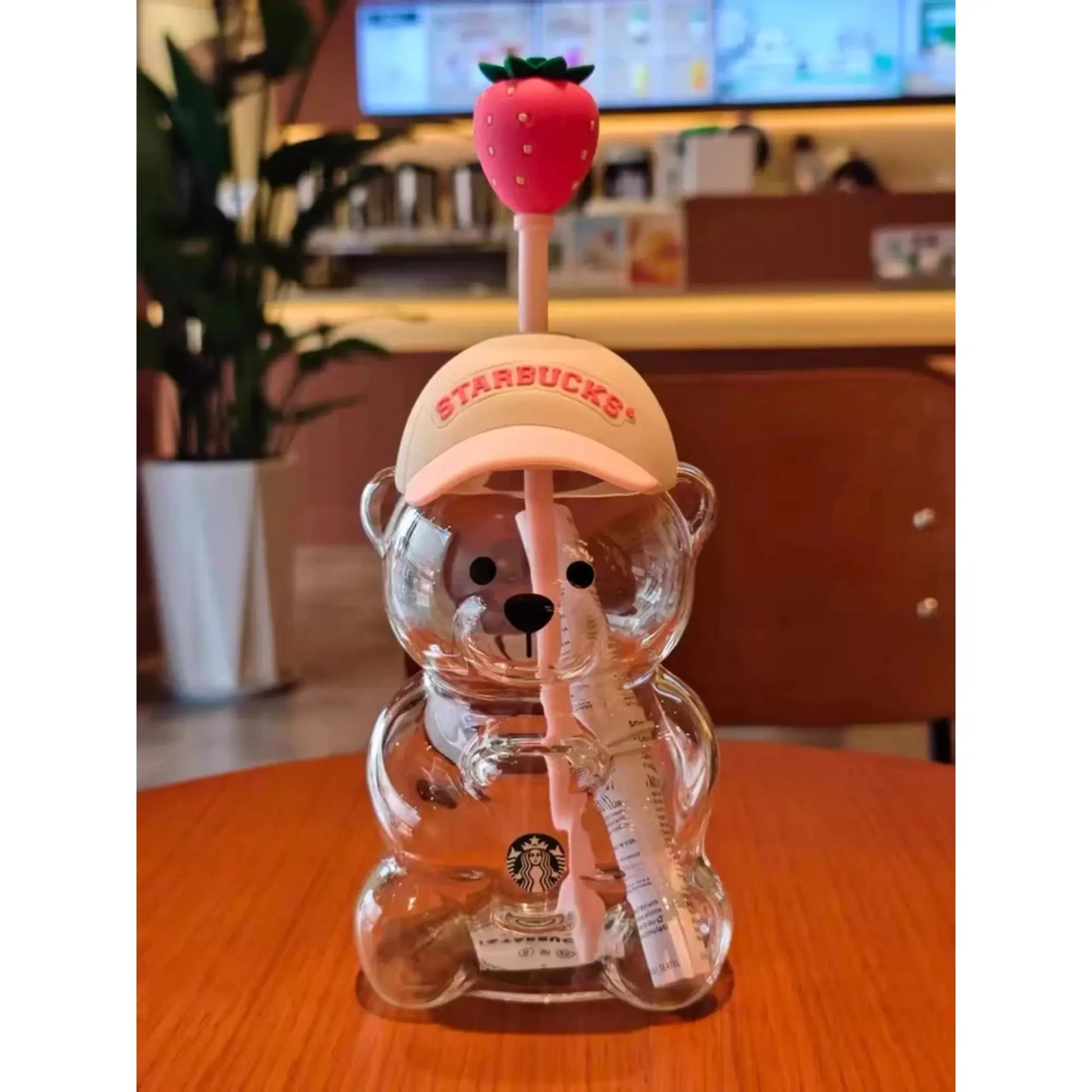 Strawberry Bear Limited 2026 Starbucks Tumblers Strawberry Baseball cap Bearista Bear Cup, Creative Cocktail & Soda Glassware