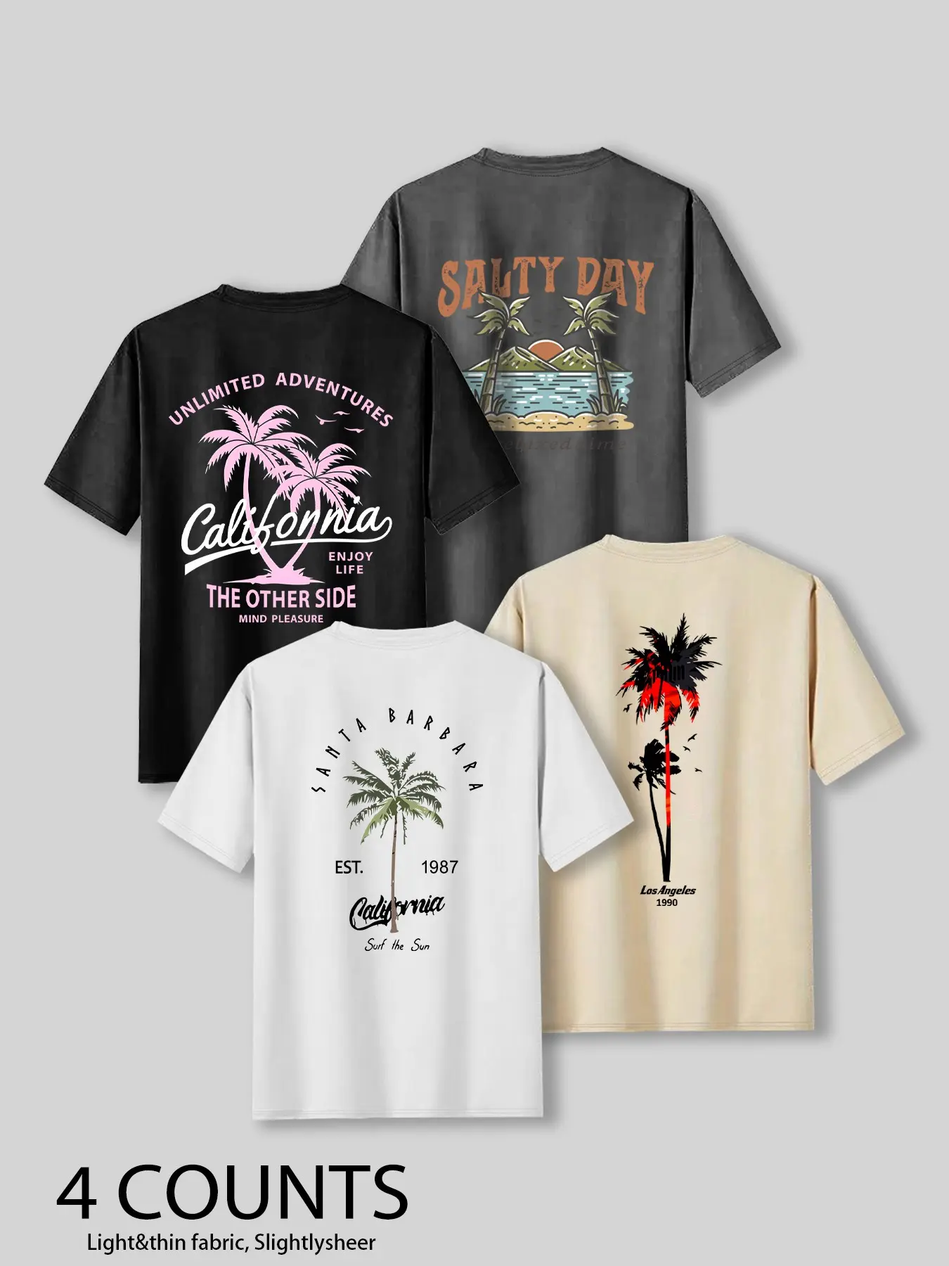 Summer Casual Beach Vibe Style Tropical Coconut Tree Print Top, Unisex Fashion Fitted T-Shirt Short Sleeve 4-Pack, Comfortable Fit, Perfect for Daily Wear