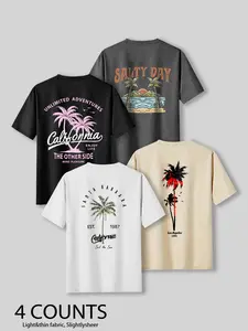 Summer Casual Beach Style Coconut Tree Print Top, Unisex Fashion T-Shirt Short Sleeve 4-Pack, Comfortable Fit, Perfect for Daily Wear