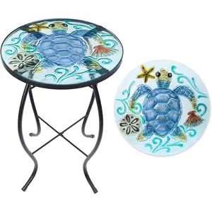 Patio Side Table Outdoor Accent Table Small Mosaic Table Coffee Table End Table Porch Table Indoor Outdoor Round Glass Balcony Bistro  Stands Blue Transparent Turtle 14 inches