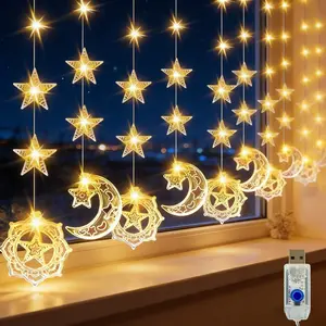 1pc Moon & Star Leather-Look Wire Curtain Light, USB Powered LED Fairy Lights, Decorate Walls, Curtains, Bed Curtains, Furniture Outlines, Perfect for Indoor Wall and Bedroom Decoration, Wedding Parties, and Festive Occasions like Ramadan, Eid al-Fitr, an